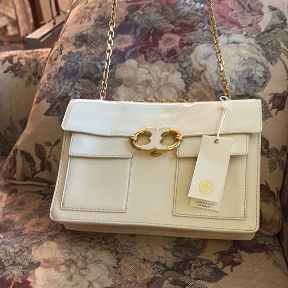 Elegant White Patent  Leather Tory Burch Shoulder Bag